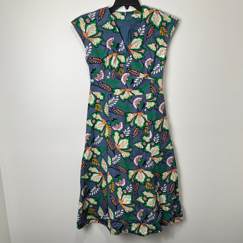 Boden Floral Fit & Flare Dress Womens 4R Blue Cotton V-Neck Sleeveless Casual